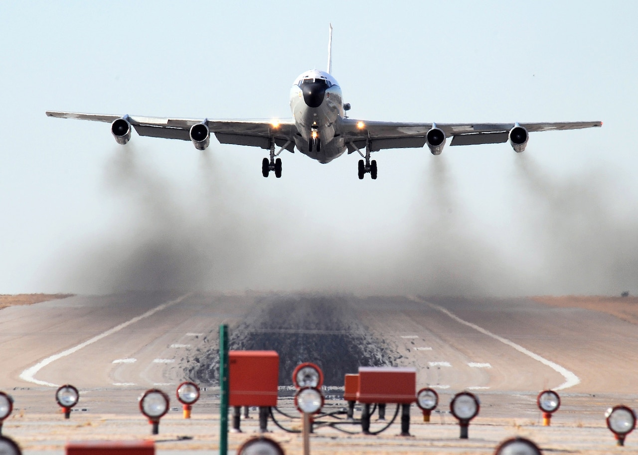 Throughout the afternoon, a WC-135W Constant Phoenix aircraft performs touch 'n go landing exercises at Offutt Air Force Base, Neb., Feb. 9, 2012. One of these planes soon will be flying in the region of the reported Sept. 9, 2016, North Korean nuclear test as part of the Defense Department’s efforts to assess the seismic activity reported there. The atmospheric collection aircraft collects particulate and gaseous effluents and debris from accessible regions of the atmosphere in support of the Limited Nuclear Test Ban Treaty of 1963. The aircraft’s modifications are primarily related to its on-board atmospheric collection suite, which allows the mission crew to detect radioactive "clouds" in real time. The aircraft is equipped with external flow-through devices to collect particulates on filter paper and a compressor system for whole air samples collected in holding spheres. The cockpit crew is from the 45th Reconnaissance Squadron at Offutt Air Force Base, Neb., and special equipment operators are assigned to Det. 1, Air Force Technical Applications Center at Offutt AFB. Air Force photo by Josh Plueger
