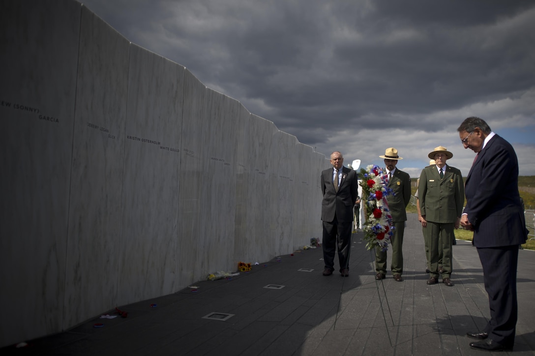 On the eve of the 11th anniversary of the Sept. 11, 2001 terrorist attacks against the United States, Defense Secretary Leon E. Panetta lays a wreath at the Flight 93 Memorial Plaza Wall of Names, Shanksville, Pa, Sept. 10, 2012. DoD photo by Navy Petty Officer 1st Class Chad J. McNeeley