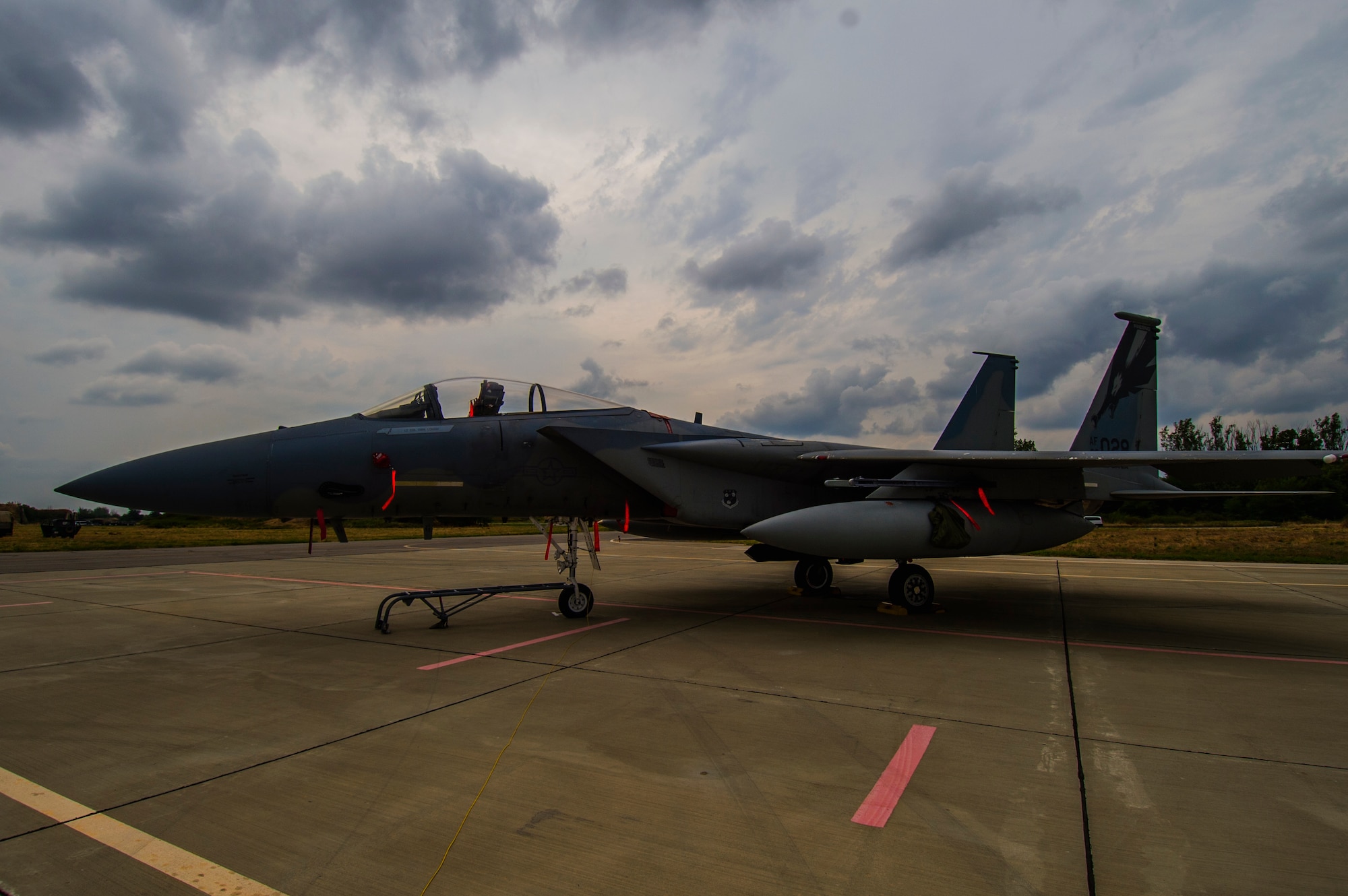 A California Air National Guard F-15C Eagle remains parked on the flightline at Graf Ignatievo, Bulgaria, Sept. 7, 2016. Four F-15Cs assigned to the 194th Expeditionary Fighter Squadron will conduct joint NATO air policing missions with the Bulgarian air force to police the host nation’s sovereign airspace Sept. 9-16, 2016. The squadron forward deployed to Graf Ignatievo from Campia Turzii, Romania, where they serve on a theater security package deployment to Europe as a part of Operation Atlantic Resolve. (U.S. Air Force photo by Staff Sgt. Joe W. McFadden) 