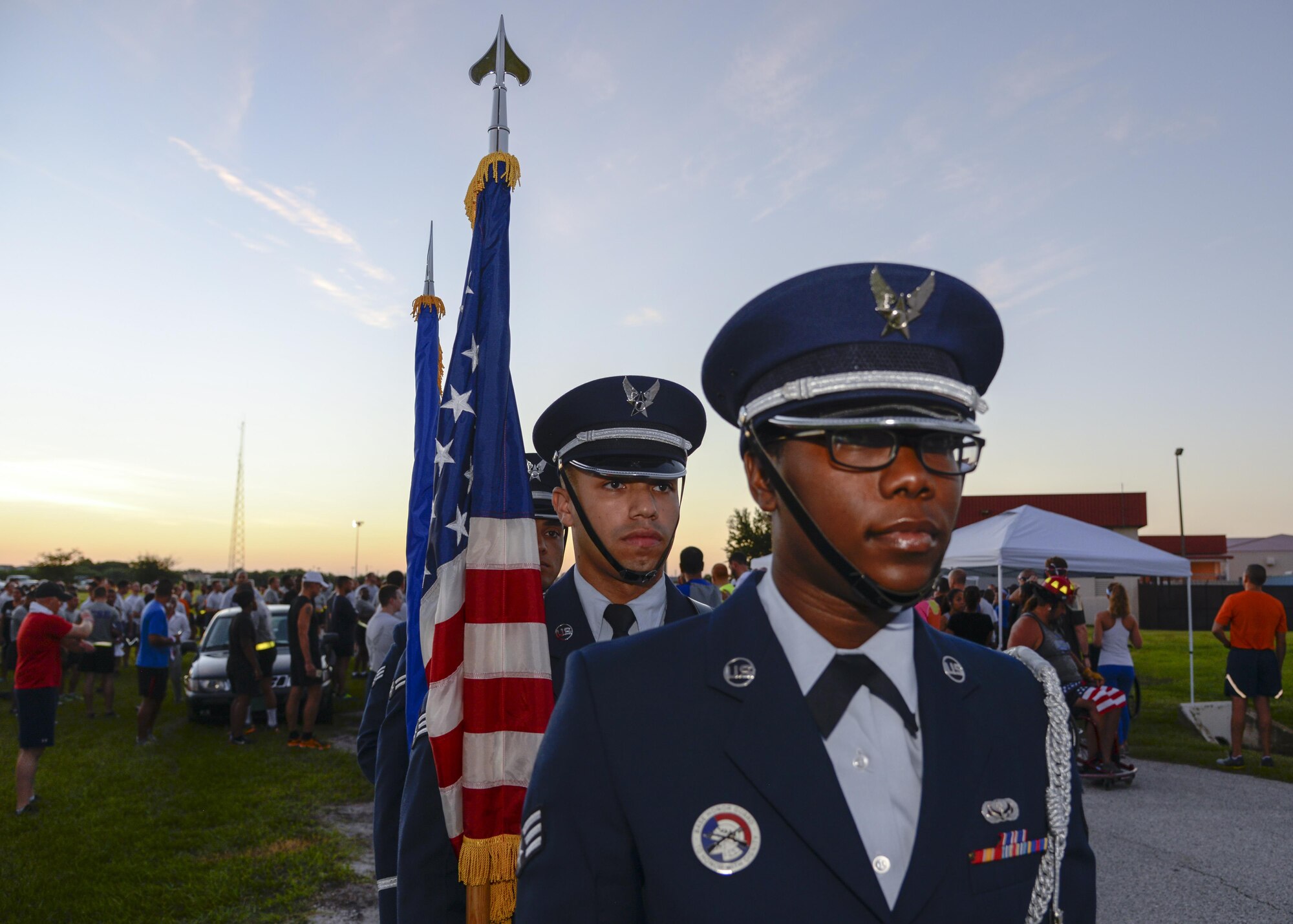 The MacDill Base Honor Guard forms up prior to presenting the colors for a 9/11 Memorial 5K at MacDill Air Force Base, Fla., Sept. 9, 2016. Approximately 180 members of Team MacDill participated in the run, which was held in remembrance of the lives lost in the Sept. 11, 2001 terrorist attacks. (U.S. Air Force photo by Tech. Sgt. Krystie Martinez)