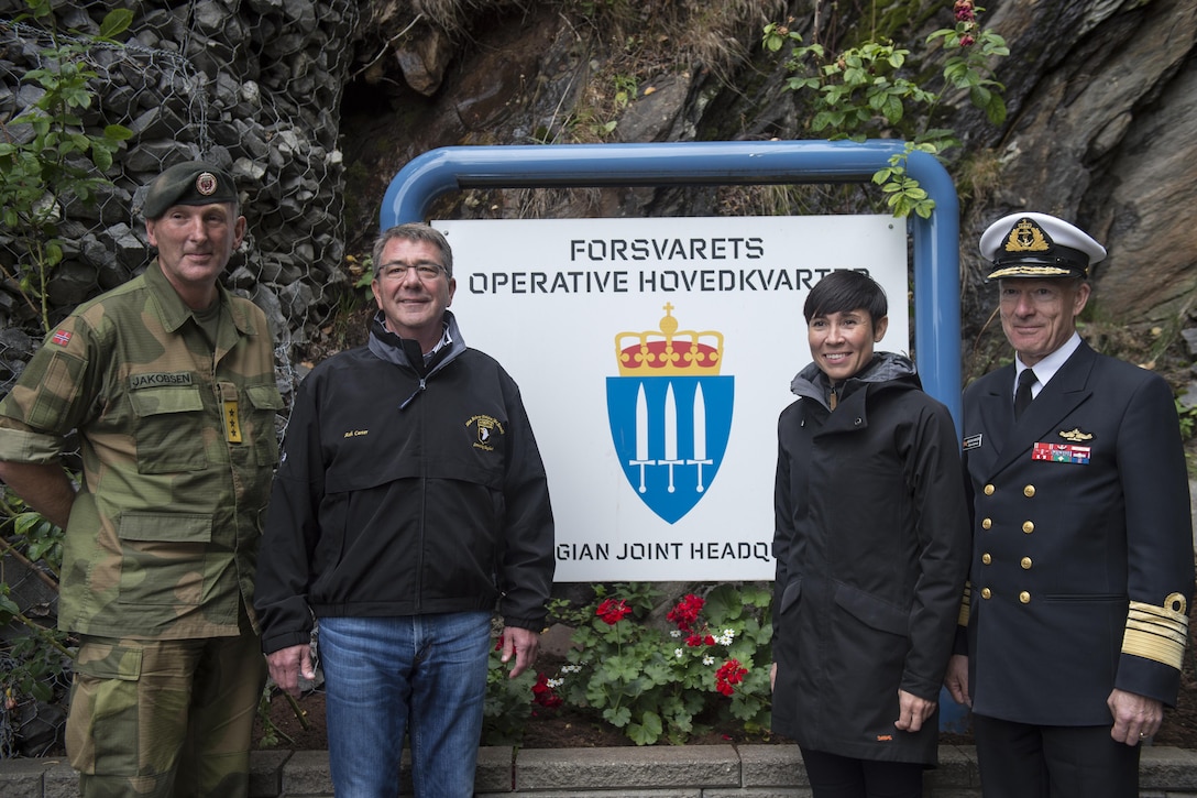 Defense Secretary Ash Carter and Norwegian Defense Minister Ine Eriksen Soreide pose with Norwegian Lt. Gen. Rune Jakobsen, commander of the Norwegian Joint Headquarters, and Norwegian Gen. Haakon Bruun-Hanssen, chief of defense, near Bodo, Norway, Sept. 9, 2016. DoD photo by Air Force Tech. Sgt. Brigitte N. Brantley
