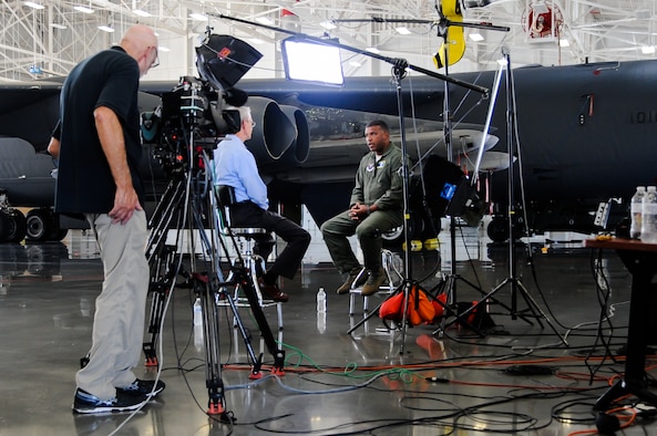 A film crew for the CBS show 60 Minutes sets the stage for an interview with U.S. Air Force Maj. Gen. Richard M. Clark, Eighth Air Force commander, at the B-52 weapons load trainer on Barksdale Air Force Base, La., Sept. 8, 2016. Clark highlighted B-52 capabilities, including air launch cruise missiles (the aircraft's nuclear long-range standoff weapon). A single B-52 can carry up to 20 air launch cruise missiles within its internal bomb bay and on its wings. (U.S. Air Force photo by A1C Stuart Bright) 