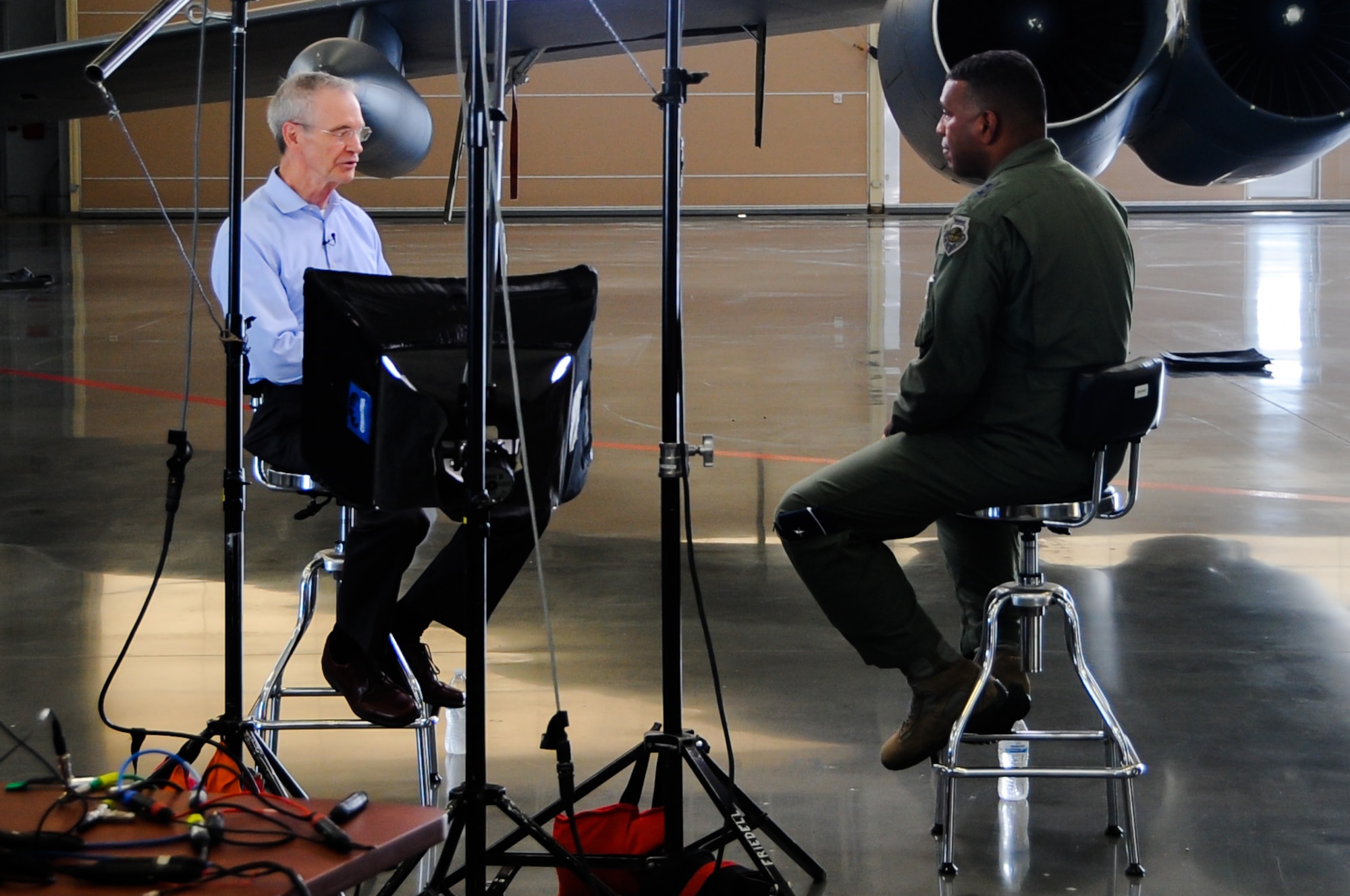 Reporter David Martin from the CBS show 60 Minutes interviews U.S. Air Force Maj. Gen. Richard M. Clark, Eighth Air Force commander, about recent nuclear-capable bomber exercises in the Arctic region during a filming at Barksdale Air Force Base, La., Sept. 8, 2016. Operations Polar Roar and Polar Growl, both U.S. Strategic Command-led exercises that incorporate the B-52 and B-2, were specifically addressed. The CBS segment, which focuses on all three legs of the U.S. nuclear triad, is scheduled to air this fall. (U.S. Air Force photo by A1C Stuart Bright)