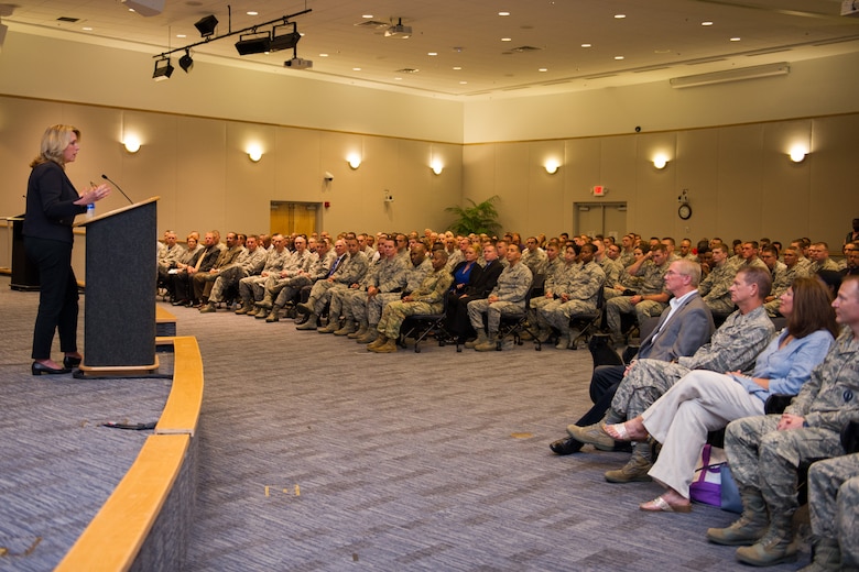 The Honorable Deborah Lee James Secretary of the Air Force addresses an audience during an all call Sept. 9, 2016, at Patrick Air Force Base, Fla. During the all call, James talked about her three priorities of taking care of people, balancing the readiness of today with tomorrow’s modernization, and making every dollar count. (U.S. Air Force photo by Matthew Jurgens/Released) 