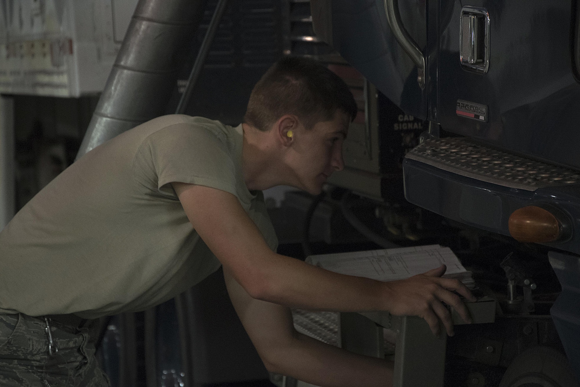 Airman 1st Class William Ray, 90th Missile Maintenance Squadron maintainer, inspects a payload transporter at F.E. Warren Air Force Base, Wyo., Aug. 22, 2016. The 90th MMXS maintains 150 Minuteman III ICBMs and the associated launch facilities spread across three states and 9,600 square-miles. (U.S. Air Force photo by Senior Airman Brandon Valle)