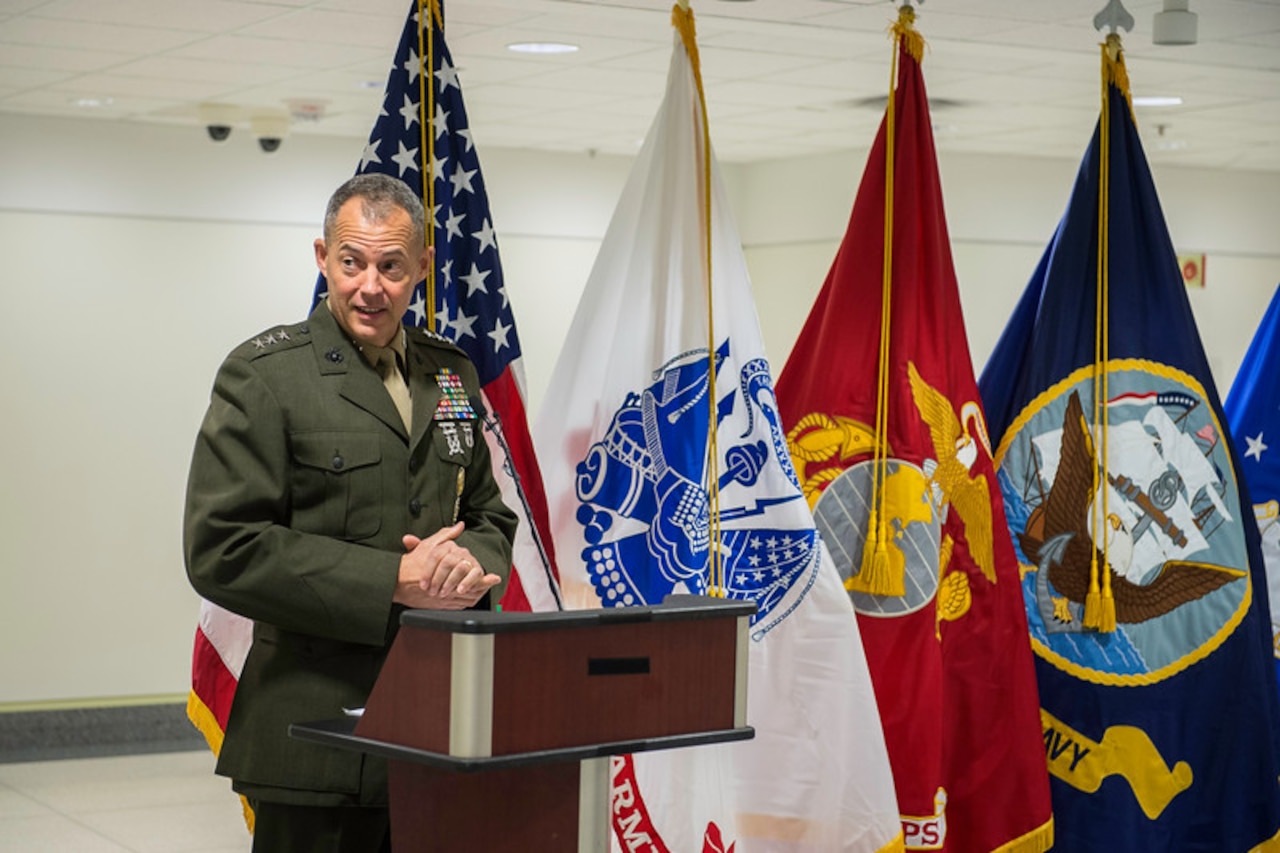 Marine Corps Lt. Gen. Robert R. Ruark, military deputy to the acting Secretary of Defense for personnel and readiness, was the keynote speaker for the Suicide Prevention Month kickoff event at the Pentagon, Sept. 7, 2016. Army photo by Spc. Trevor Wiegel
