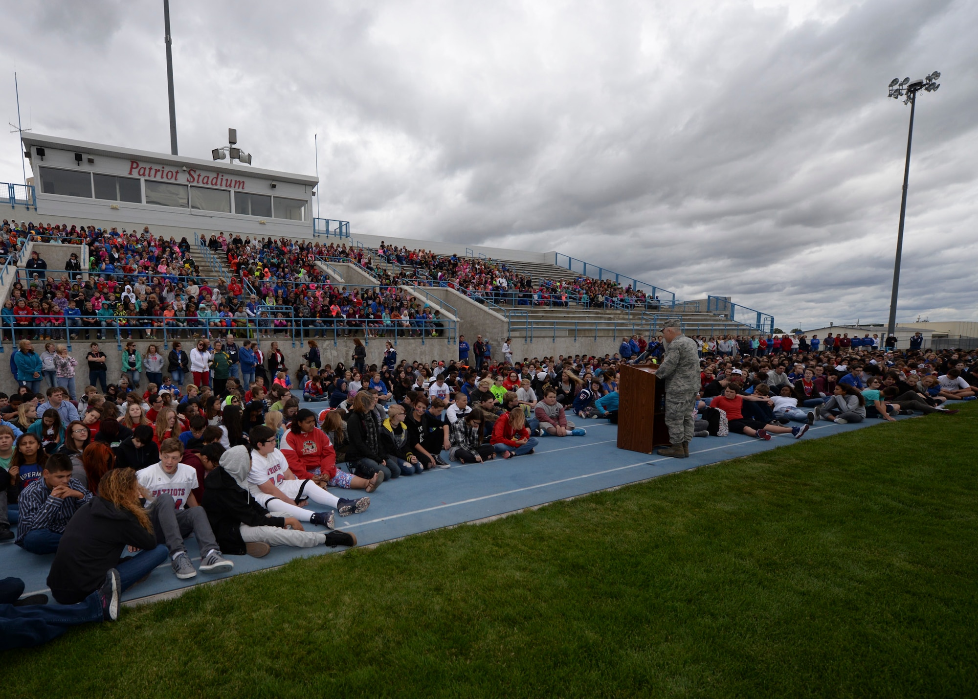 Col. Bernard Hatch III, commander of the 28th Maintenance Group, gives a speech to students and faculty members of the Douglas School District during their Freedom Walk in Box Elder S.D., Sept. 9, 2016. Hatch spoke on the importance of freedom and the role that many Americans have in the fight to defend that freedom. (U.S. Air Force photo by Airman 1st Class Denise M. Jenson)