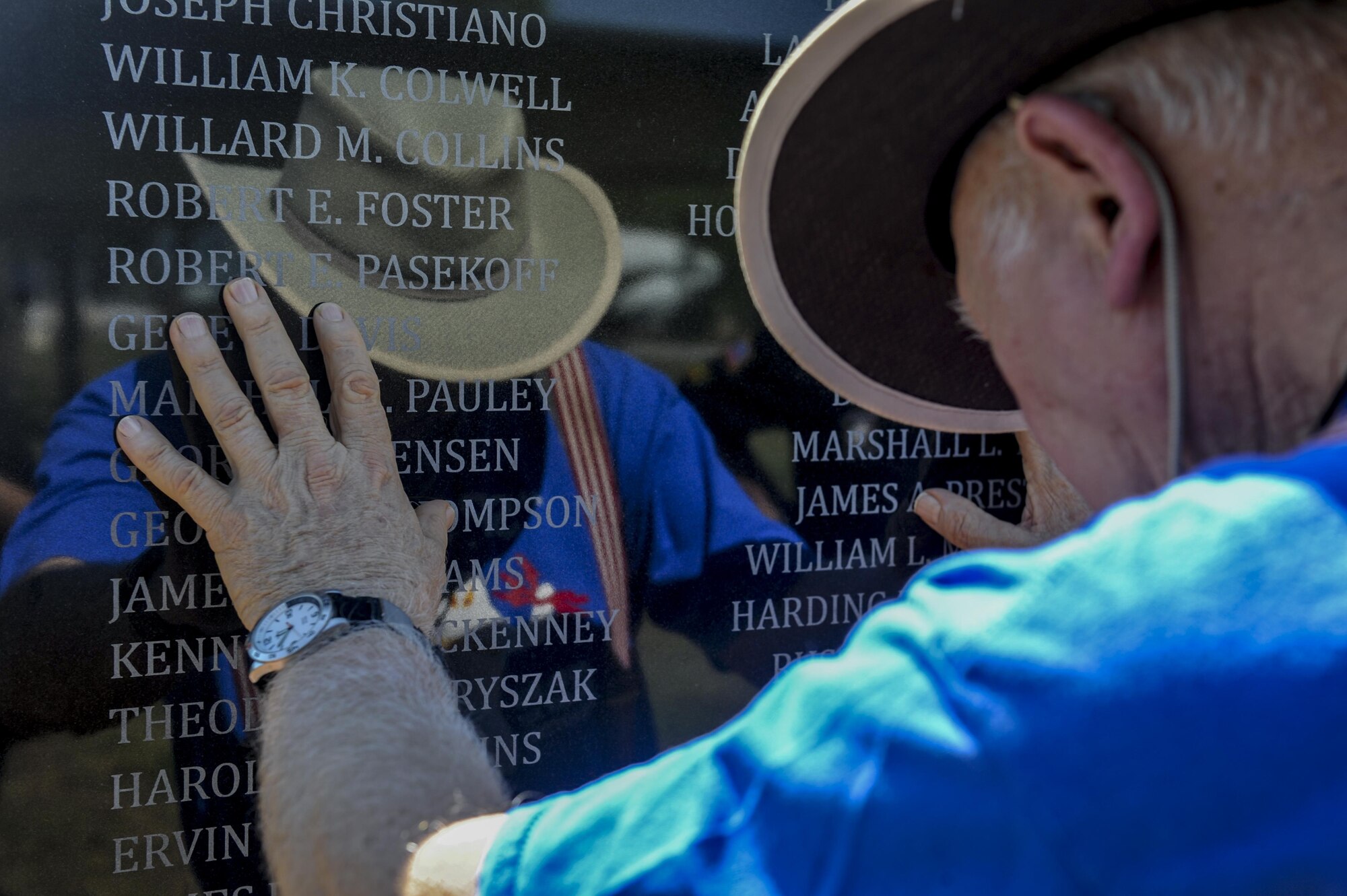 Mac McNicholas, a member of the Spooky Gunship Brotherhood, remembers his fallen brothers during a plaque dedication ceremony at the Hurlburt Field Air Park, Fla., Sept. 9, 2016. The first AC-47 combat missions took place December 1964. Within a year, they were in action throughout South Vietnam providing local defense at night. On thousands of occasions, Spooky crews prevented friendly ground positions from being overrun. (U.S. Air Force photo by Airman Dennis Spain)
