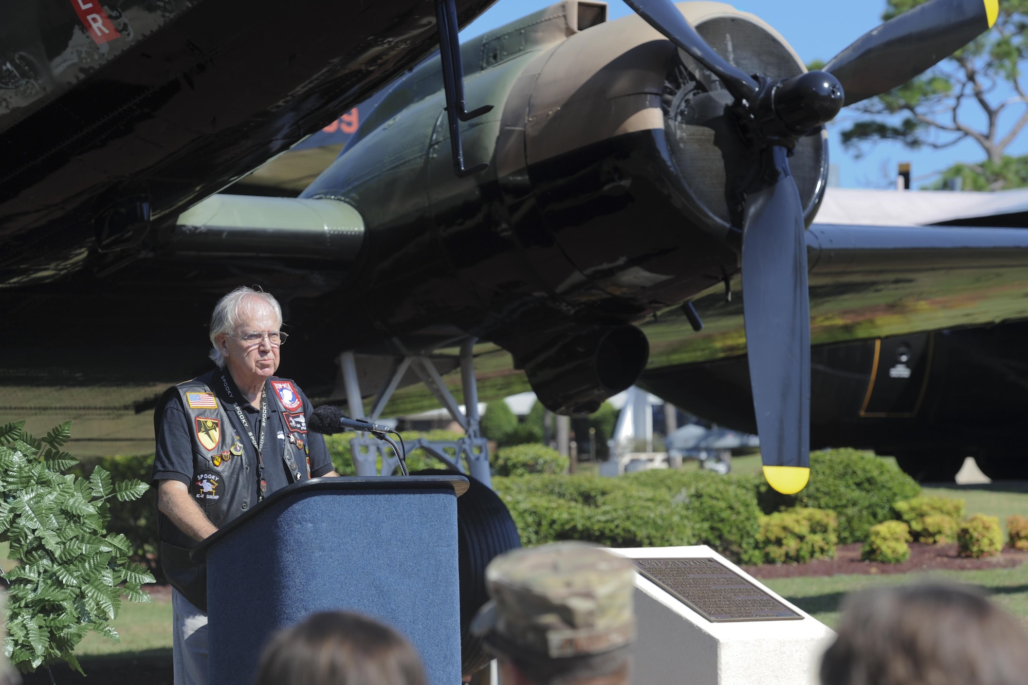 Al Sproul, a member of the AC-47 Spooky Gunship Brotherhood, speaks during a plaque dedication ceremony at the Hurlburt Field Air Park, Fla., Sept. 9, 2016. The first AC-47 combat missions took place December 1964 during the Vietnam War. Within a year, they flew missions throughout South Vietnam providing local defense at night. On thousands of occasions, Spooky crews prevented friendly ground positions from being overrun. (U.S. Air Force photo by Airman Dennis Spain)