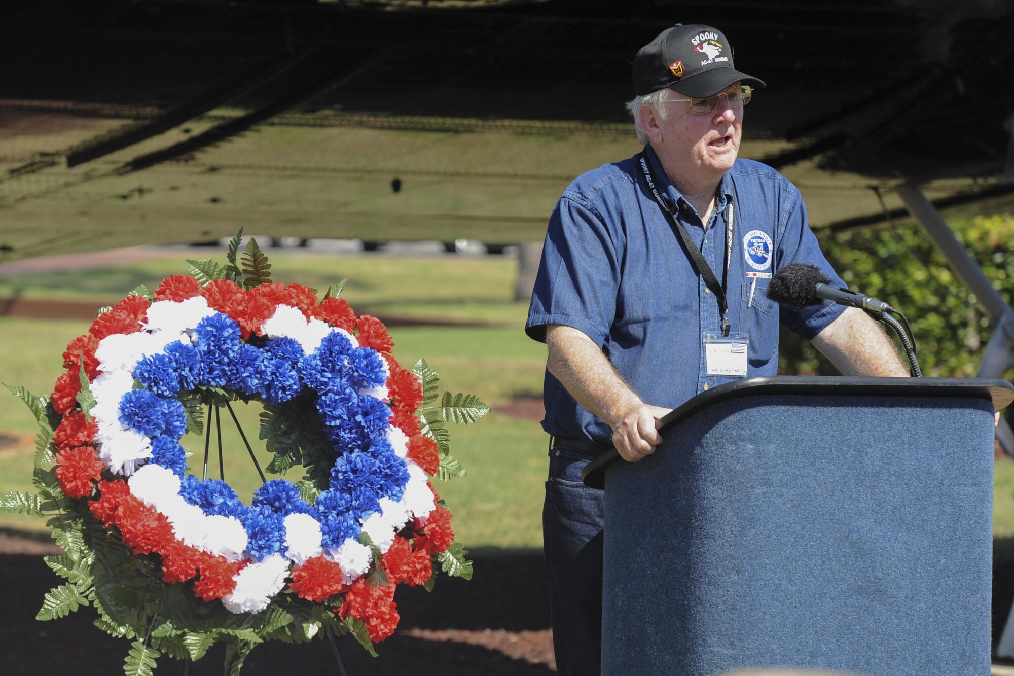 Junior Skinner, a member of the Spooky Gunship Brotherhood, speaks during a plaque dedication ceremony at the Hurlburt Field Air Park, Fla., Sept. 9, 2016. The Spooky brotherhood purchased a memorial plaque with the names of fallen AC-47 crewmembers, who served in Southeast Asia. The memorial plaque was dedicated during a ceremony at the Hurlburt Field Air Park. (U.S. Air Force photo by Airman Dennis Spain)