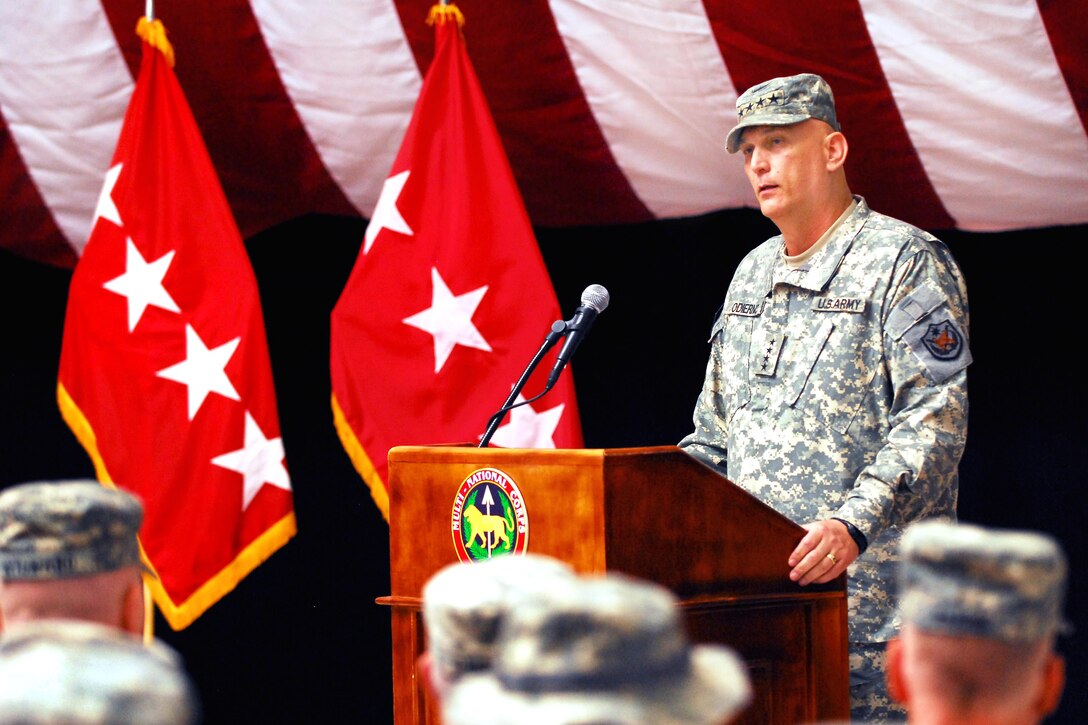 Army Gen. Raymond T. Odierno, commander, Multinational Force Iraq, addresses troops during the 9/11 remembrance ceremony at Al Faw Palace at Camp Victory, Baghdad, Sept. 11, 2009. Army photo by Pvt. Karin Leach