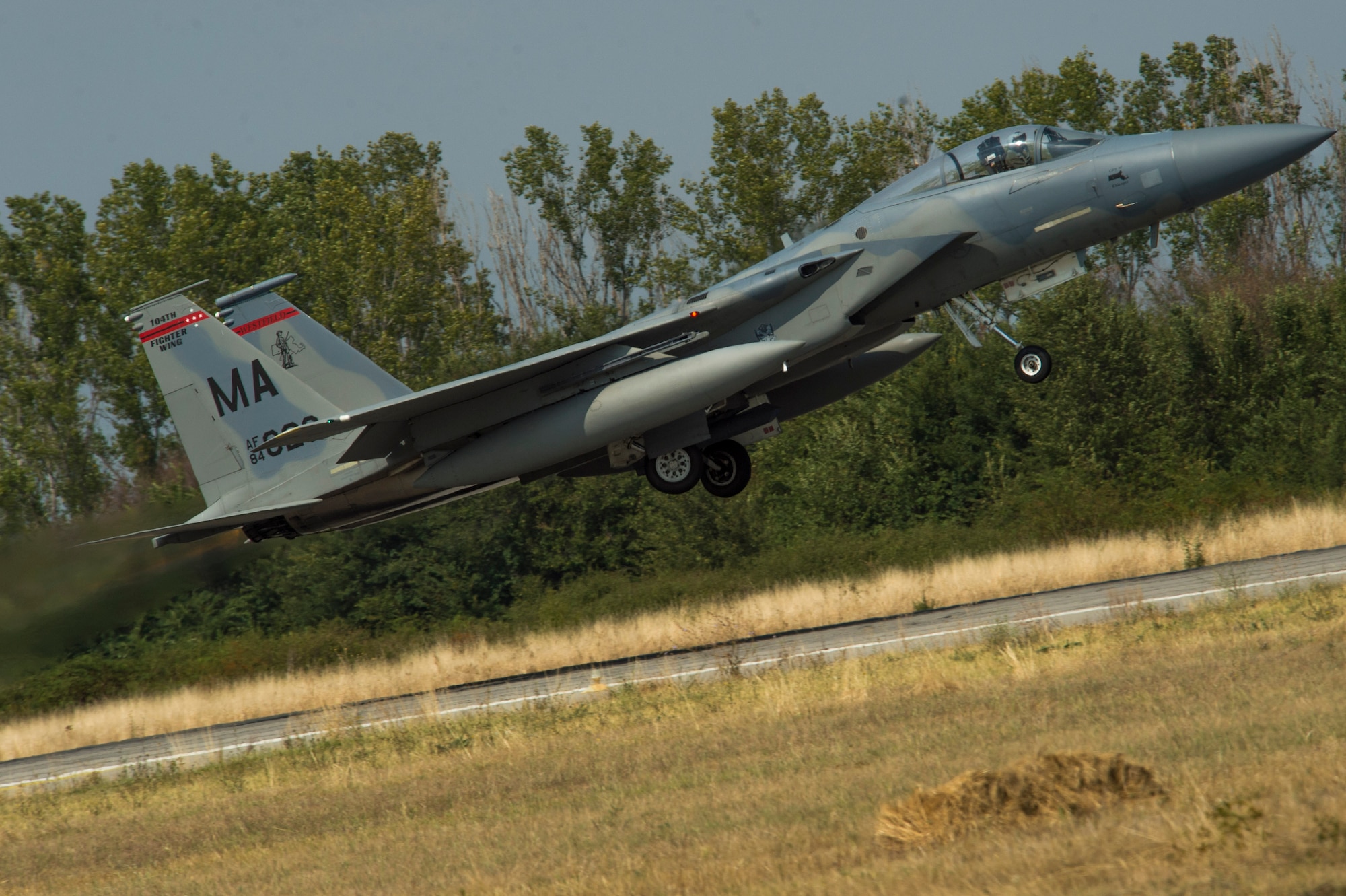 A Massachusetts Air National Guard F-15C Eagle fighter aircraft prepares to land on the flightline at Graf Ignatievo, Bulgaria, Sept. 8, 2016. Four of the squadron’s F-15Cs will conduct joint NATO air policing missions with the Bulgarian air force to police the host nation’s sovereign airspace Sept. 9-16, 2016. The squadron forward deployed to Graf Ignatievo from Campia Turzii, Romania, where they serve on a theater security package deployment to Europe as a part of Operation Atlantic Resolve. (U.S. Air Force photo by Staff Sgt. Joe W. McFadden) 