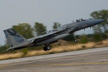 A California Air National Guard F-15C Eagle lands on the flightline at Graf Ignatievo, Bulgaria, Sept. 8, 2016. Four of the 194th Expeditionary Fighter Squadron’s F-15Cs will conduct joint NATO air policing missions with the Bulgarian air force to police the host nation’s sovereign airspace Sept. 9-16, 2016. The squadron forward deployed to Graf Ignatievo from Campia Turzii, Romania, where they serve on a theater security package deployment to Europe as a part of Operation Atlantic Resolve. (U.S. Air Force photo by Staff Sgt. Joe W. McFadden) 