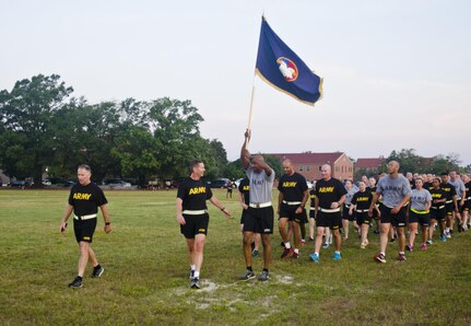 Gen. Robert B. Abrams, Commanding General, U.S. Army Forces Command, and Maj. Gen. David Conboy, Deputy Commanding General (Operations), U.S. Army Reserve Command, lead Soldiers and Civilians assigned to USARC back after the "Run of Remembrance", at Fort Bragg, September 9, 2016. The USARC staff run served as a reminder for all the Soldiers lost to suicide, as well as awareness for suicide prevention. (U.S. Army Reserve photo by  Brian Godette, USARC Public Affairs)