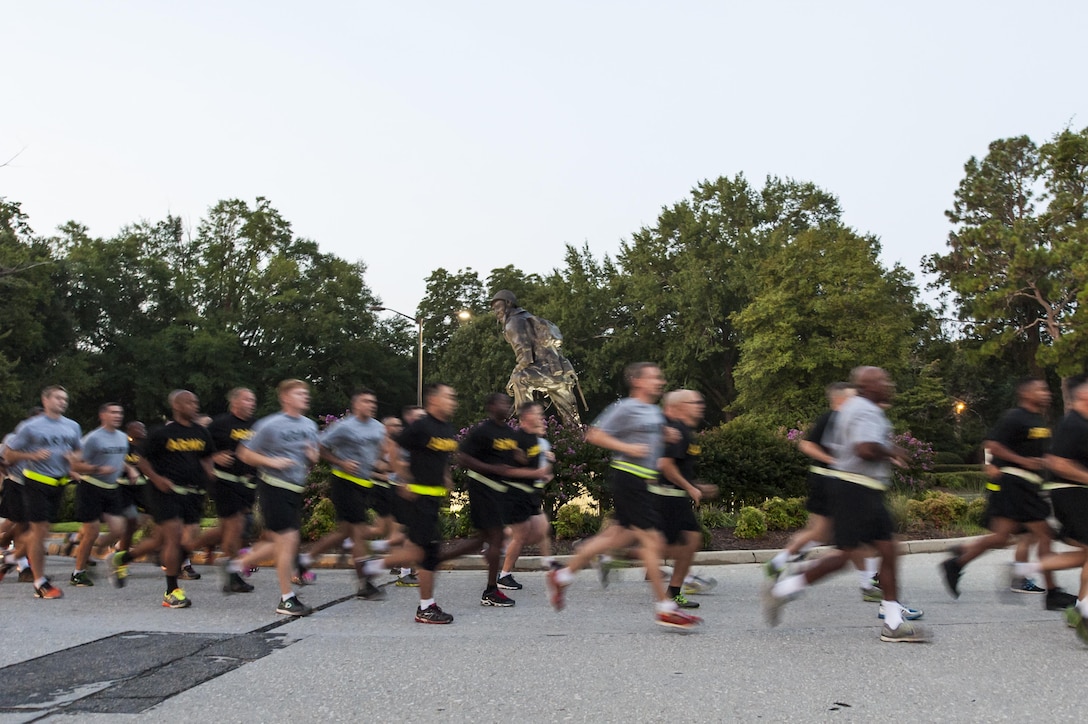 Soldiers assigned to the U.S. Army Reserve Command headquarters at Fort Bragg, N.C., participate in a Run for Remembrance staff run as part of Suicide Prevention Month, Sept. 9, 2016. There have been 26 suicides in the U.S. Army Reserve this year, a tragic fact that U.S. Army Reserve leadership is committed to reducing. The run was designed to increase the awareness and need to look after all Soldiers to prevent future losses. (U.S. Army photo by Timothy L. Hale)(Released)