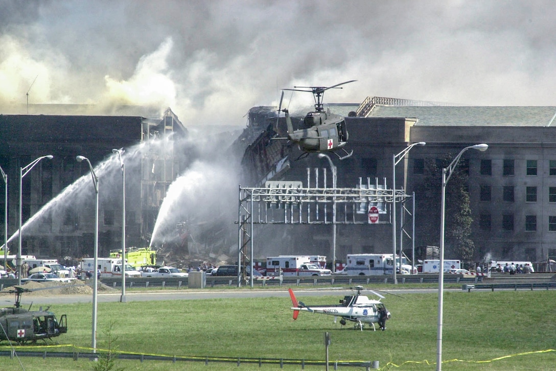 Helicopters land to evacuate casualties from the Pentagon on Sept. 11, 2001. Army photo 