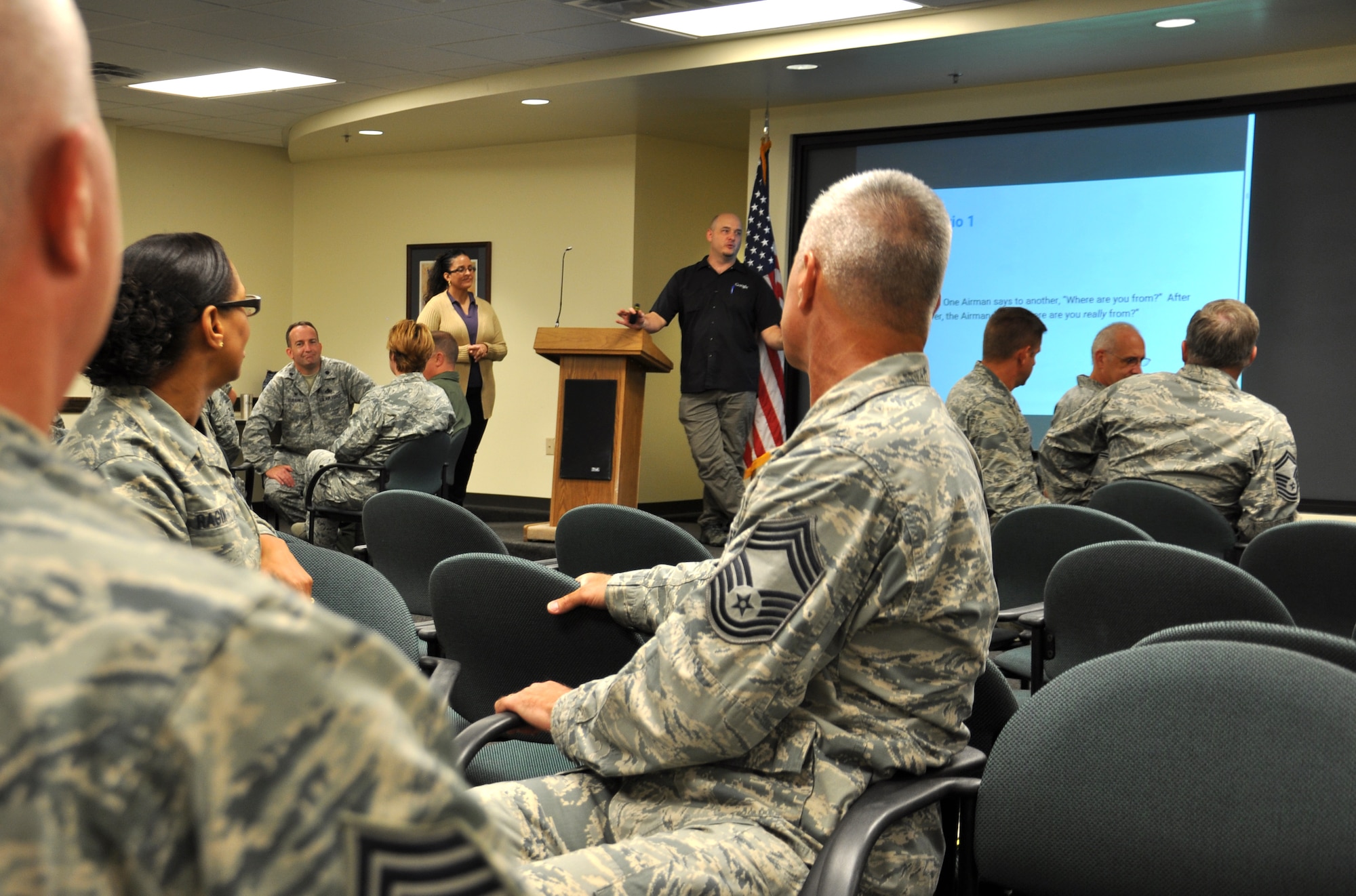 Senior leaders from the 315th Airlift Wing attend bias and inclusion training Sept. 9, 2016 at Joint Base Charleston, S.C. This instruction was derived from partnerships with local businesses in the community by the wing (U.S. Air Force Photo by Maj. Wayne Capps).