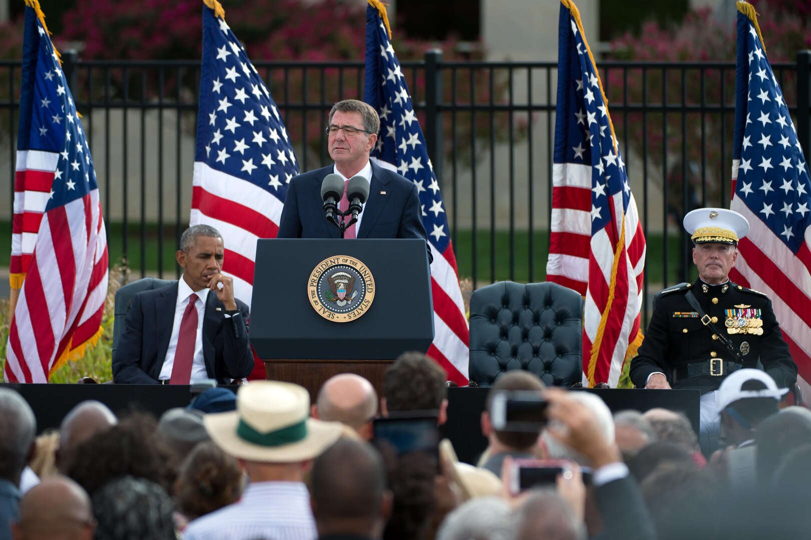 Defense Secretary Ash Carter speaks during an observance ceremony at the Pentagon Memorial, Sept. 11, 2016, marking the 15th anniversary of the 9/11 terrorist attacks. DoD photo by EJ Hersom