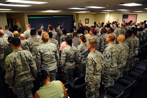Members of the 315th Airlift Wing celebrated the promotions of several Airmen in a noncommissioned officer and senior noncommissioned officer induction ceremony at Joint Base Charleston, S.C. Sept. 10, 2016. Those promoted were challenged to lead and care for their subordinate Airman (U.S. Air Force photo by Senior Airman Jonathan Lane).