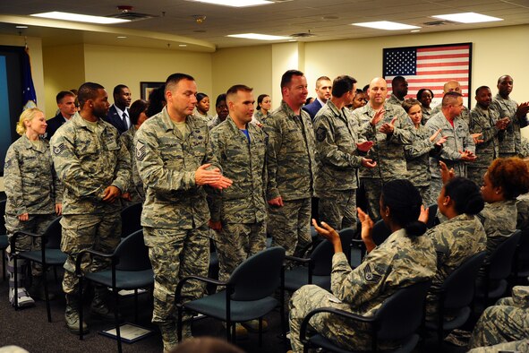 Members of the 315th Airlift Wing celebrated the promotions of several Airmen in a noncommissioned officer and senior noncommissioned officer induction ceremony at Joint Base Charleston, S.C. Sept. 10, 2016. Those promoted were challenged to lead and care for their subordinate Airman (U.S. Air Force photo by Senior Airman Jonathan Lane).