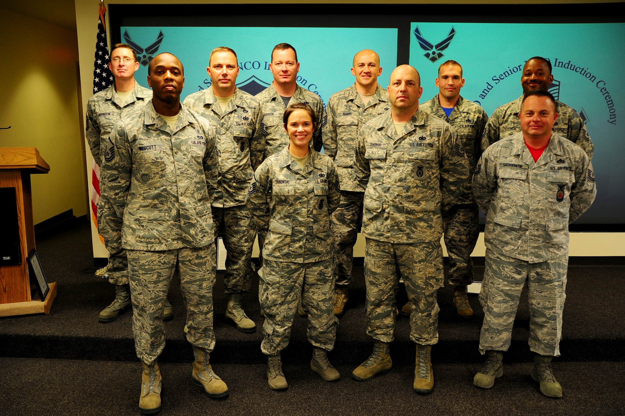 Members of the 315th Airlift Wing celebrated the promotions of several Airmen in a noncommissioned officer and senior noncommissioned officer induction ceremony at Joint Base Charleston, S.C. Sept. 10, 2016. Those promoted were challenged to lead and care for their subordinate Airman (U.S. Air Force photo by Senior Airman Jonathan Lane).