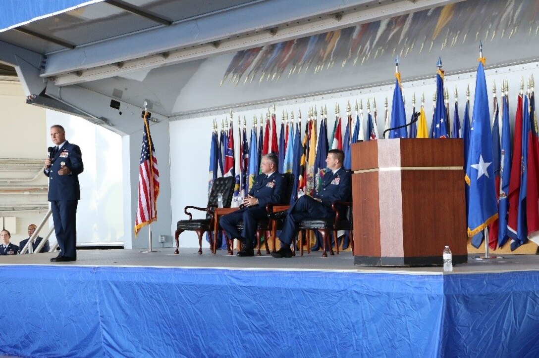 Lt. Gen. John C. Flournoy, commander of 4th Air Force, delivers opening remarks during the 927th Air Refueling Wing change of command ceremony at MacDill Air Force Base, Fla., Sept. 11, 2016. Flournoy presided over the ceremony as command of the wing was passed from Col Randy Bright to Col. Frank Amodeo. (U.S. Air Force photo by Senior Airman Xavier Lockley)