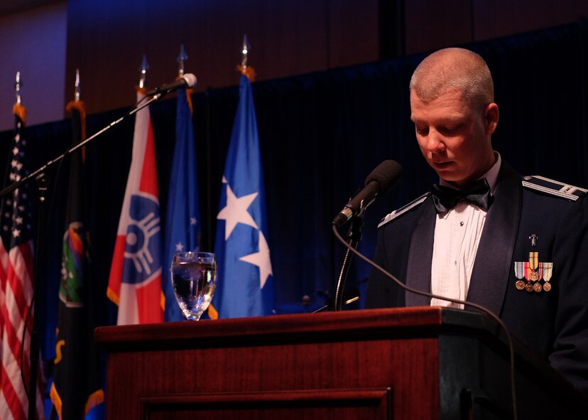 Chaplain (Capt.) Paul Mount, 931st Air Refueling Wing chaplain, leads Team McConnell in an invocation during the Air Force Ball Sept. 10, 2016, Wichita, Kans. This year’s ball was open to Active Duty, Guard, Reserve and Civilians as a total-force event. (U.S. Air Force photo by Senior Airman Preston Webb)