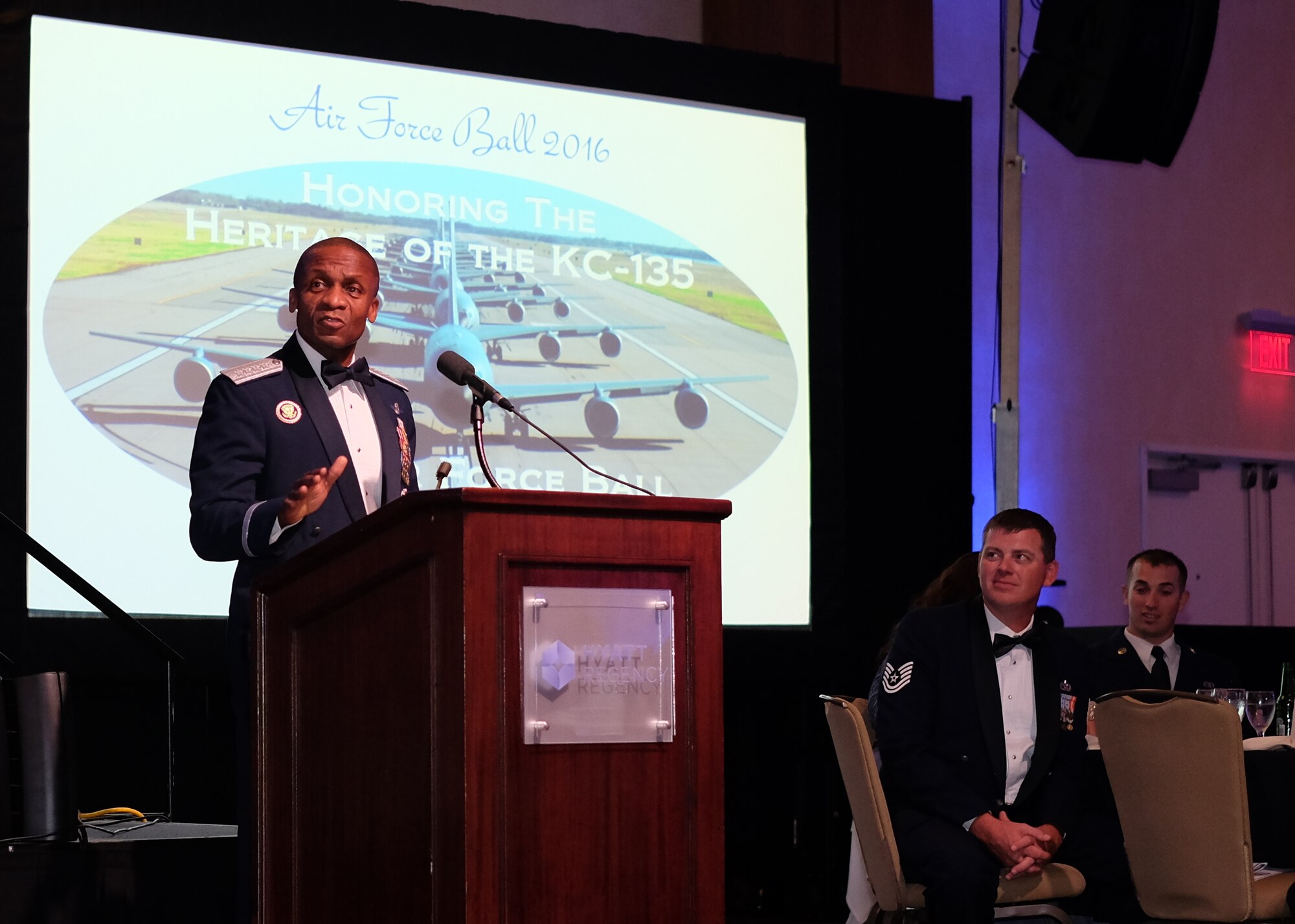 Gen. Darren W. McDew, U.S. Transportation Command commander, reflects and shares experience with Airmen as one of the senior-most KC-135 pilots still serving during the Air Force Ball Sept. 10, 2016, Wichita, Kans. McDew expressed the ceremony was not only a celebration of the Air Force and KC-135 Stratotanker anniversaries, but abut a commemoration of the events of Sept. 11, 2001. (U.S. Air Force photo by Senior Airman Preston Webb)