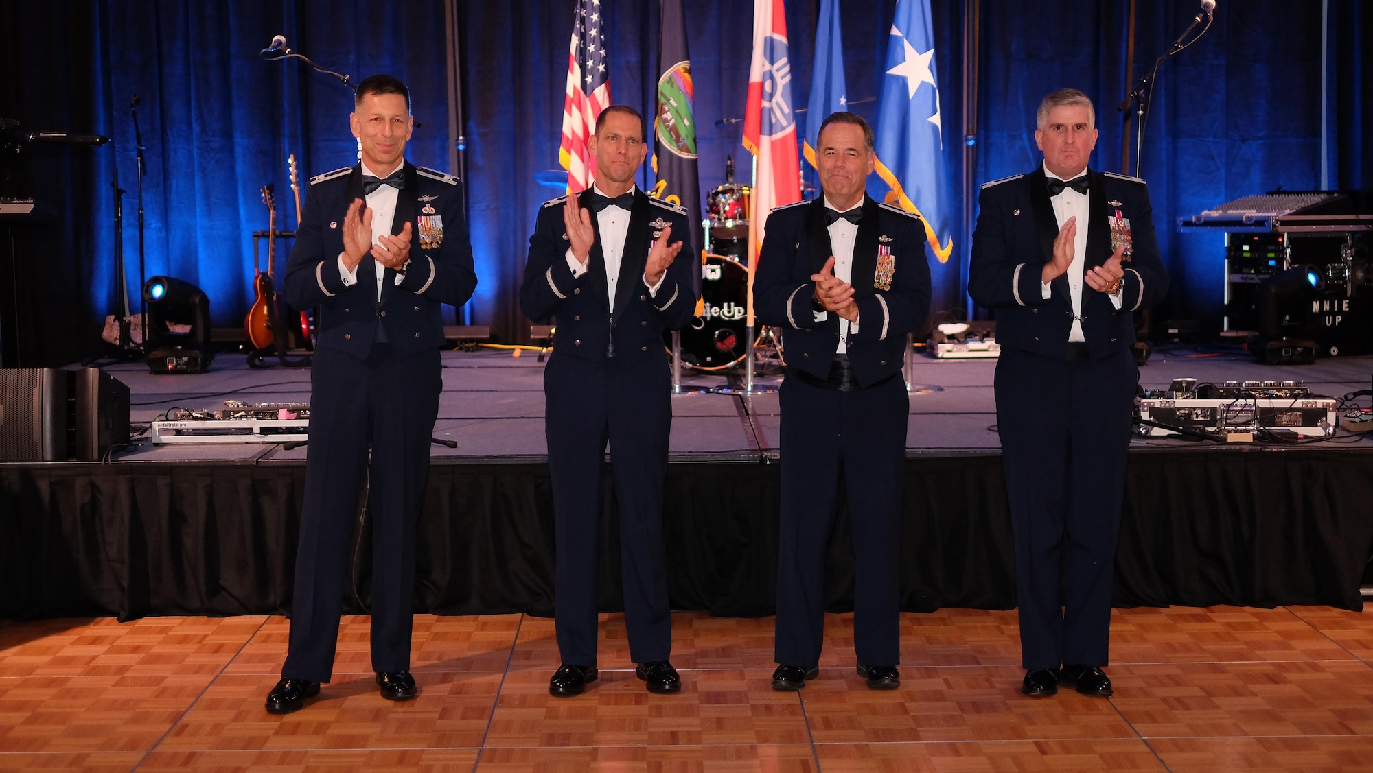 From right, Col. Albert G. Miller, 22nd Air Refueling Wing commander, Col. Mark S. Larson, 931 ARW commander, Col. Jarrod K. Frantz, 190 ARW commander, and Col. David A. Weishaar, 184th Intelligence Wing commander, lead Team McConnell in the singing of the Air Force Song during the Air Force Ball Sept. 10, 2016, Wichita, Kans. This year marks the 69th anniversary of the creation of the Air Force as an independent branch of the military. (U.S. Air Force photo by Senior Airman Preston Webb)