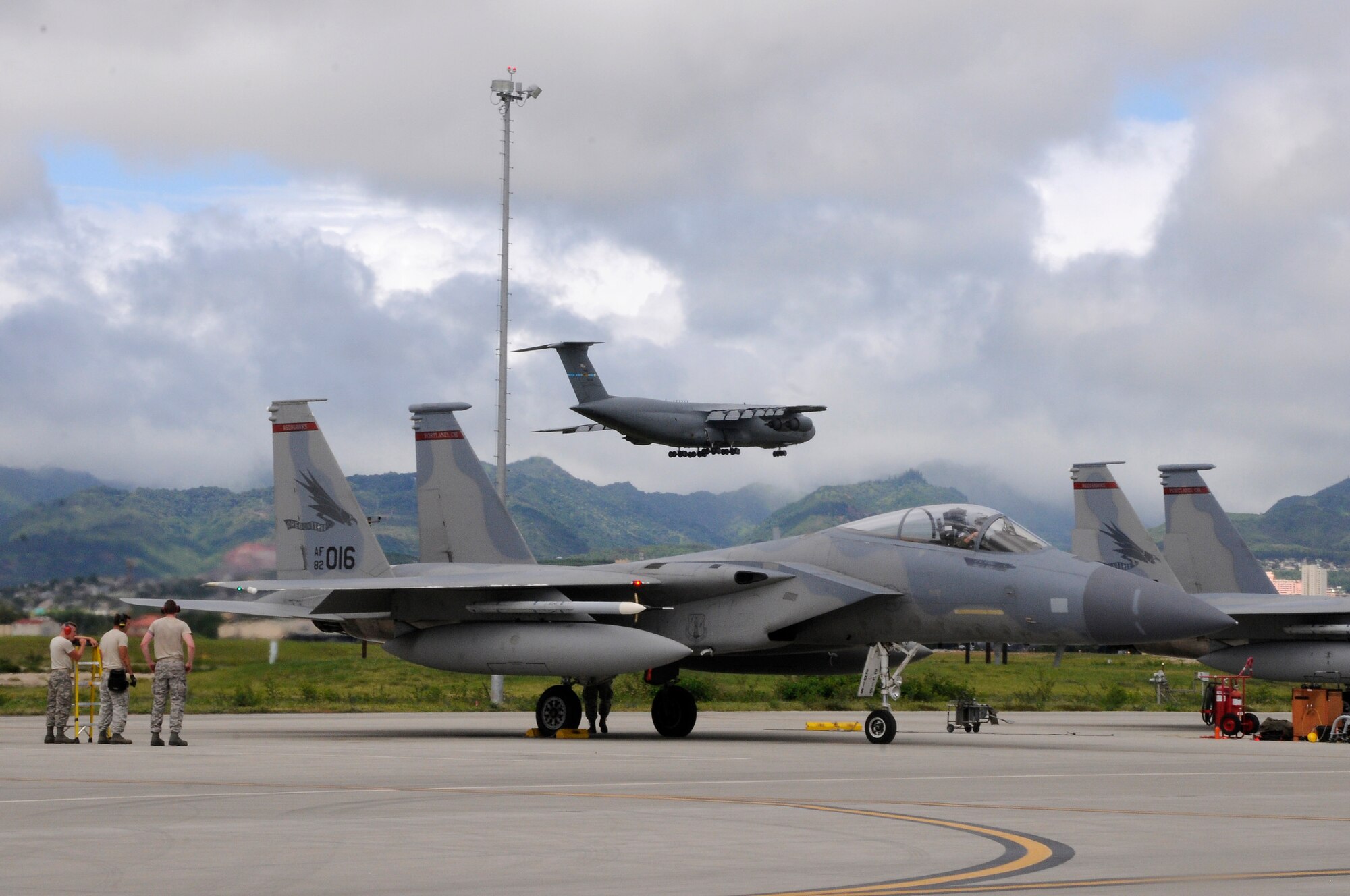 Members of the 142nd Fighter Wing participate in a Sentry Aloha exercise August 16, 2016 at Joint Base Pearl Harbor-Hickam, Hawaii.  Sentry Aloha is a training exercise hosted by the Hawaiian Air National Guard base to train pilots on combat tactics.  (Air National Guard photo by Tech. Sgt. Emily Thompson/Released)