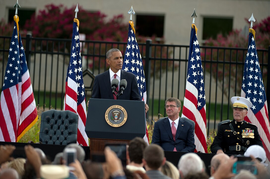 President Barack Obama speaks during an observance ceremony at the Pentagon, Sept. 11, 2016, honoring the memory of those who died 15 years ago in the terrorist attacks on 9/11. DoD photo by EJ Hersom