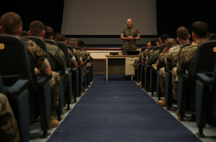 Marine Corps Col. Daniel Shipley, Commander Task Force 79 for Exercise Valiant Shield 16, speaks to participating Marines during a brief at Anderson Air Force Base, Guam, Sept. 11, 2016. Shipley also serves as the commanding officer for Marine Aircraft Group 12, which is the acting aviation combat element for the exercise and CTF 79 is the Marine Air Ground Task Force from the III Marine Expeditionary Unit. Other elements of MAG-12 deployed from Marine Corps Air Station Iwakuni, Japan, in order to support this high-level, joint event. As part of a biennial field training exercise, Valiant Shield brings together service members from across U.S. Pacific Command to employ a wide range of capabilities and demonstrate the inherent flexibility of American joint forces. This is the sixth exercise in the Valiant Shield series that began in 2006.