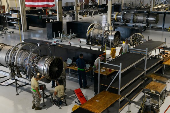U.S. Airmen assigned to the 20th Component Maintenance Squadron aerospace propulsion flight perform maintenance on F-129B engines at Shaw Air Force Base, S.C., Sept. 7, 2016. In the past 12 months, the flight serviced 28 engines, ranging from simple repairs to full rebuilds. (U.S. Air Force photo by Airman 1st Class Destinee Sweeney)