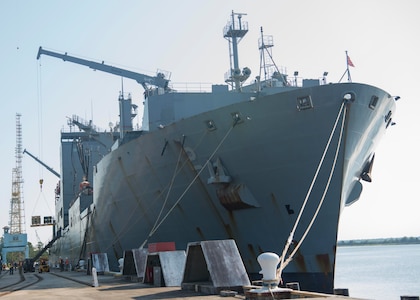 Cargo is unloaded from the U.S. Naval Ship Sacagawea Sept. 7, 2016, at Joint Base Charleston - Weapons Station, South Carolina. Before arriving at the JB Charleston-WS, the Sacagawea was prepositioned with more than 2,000 pallets of ordnance. The ship’s mission is to sustain a Marine Corps expeditionary brigade for up to 30 days, enabling a quick response when needed. (U.S. Air Force Photo/Airman Megan Munoz)