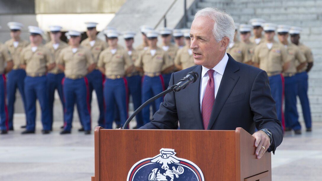 U.S. Sen. Bob Corker gives a speech during a 9/11 Remembrance Ceremony in Nashville, Tenn., Sept. 11, 2016. Marine Week Nashville is an opportunity for the people of greater Nashville area to meet Marines and learn about Corps' history, traditions and value to the nation.