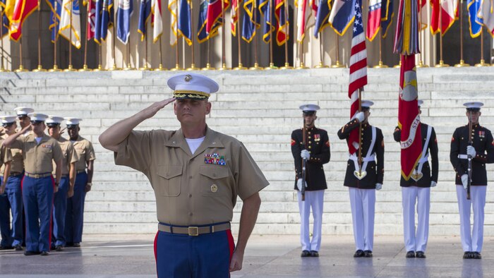 Marines with Special Purpose Marine Air Ground Task Force – Nashville salute during a 9/11 Remembrance Ceremony in Nashville, Tenn., Sept. 11, 2016. Marine Week Nashville is a chance to reconnect with our Marines, sailors, veterans and their families from different generations.