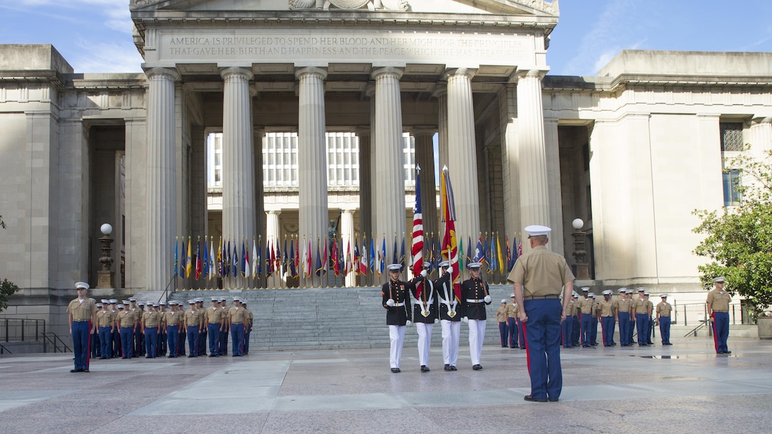 A U.S. Marine Corps Color Guard proceeds with their routine during a 9/11 Remembrance Ceremony in Nashville, Tenn., Sept. 11, 2016. Marine Week Nashville provides an opportunity for the Marine Corps to visit a city that normally doesn't have opportunities to interact with Marines on a regular basis.