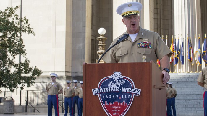 Gen. Glenn M. Walters, Assistant Commandant of the Marine Corps, gives a speech during a 9/11 Remembrance Ceremony in Nashville, Tenn., Sept. 11, 2016. Marine Week Nashville is an opportunity to commemorate the unwavering support of the American people, and show the Marine Corps' continued dedication to protecting the citizens of this country.