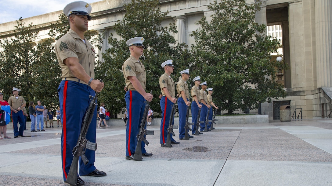 Marines with Special Purpose Marine Air Ground Task Force – Nashville stand at parade rest during a 9/11 Remembrance Ceremony in Nashville, Tenn., Sept. 11, 2016. Marine Week Nashville is a chance to reconnect with our Marines, sailors, veterans and their families from different generations.