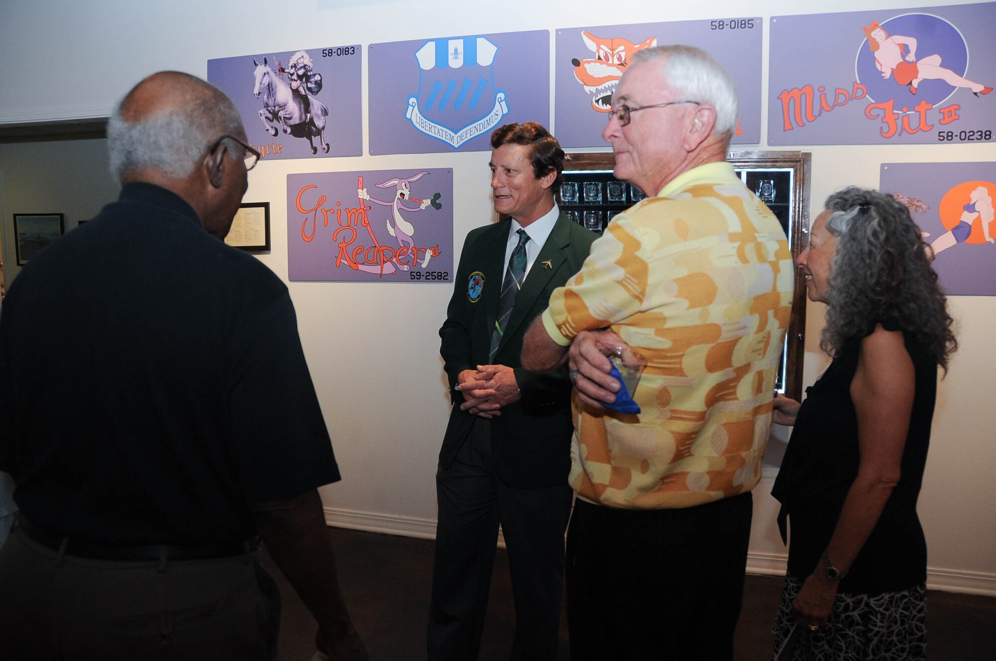 Warren Ward from Air Force Global Strike Command discusses elements of Operation Senior Surprise with Joe and Susan Pierce, Eighth Air Force Consultation Committee members, and Don Horton, an Air Force Global Strike Command civic leader, during an event at the Global Power Museum on Barksdale Air Force Base, La., Sept. 8, 2016. Operation Senior Surprise, also known as "Secret Squirrel," began the bombing campaign against Iraq during the Gulf War in 1991. It kicked off Operation Desert Storm and the liberation of Kuwait. (U.S. Air Force photo by A1C Stuart Bright)