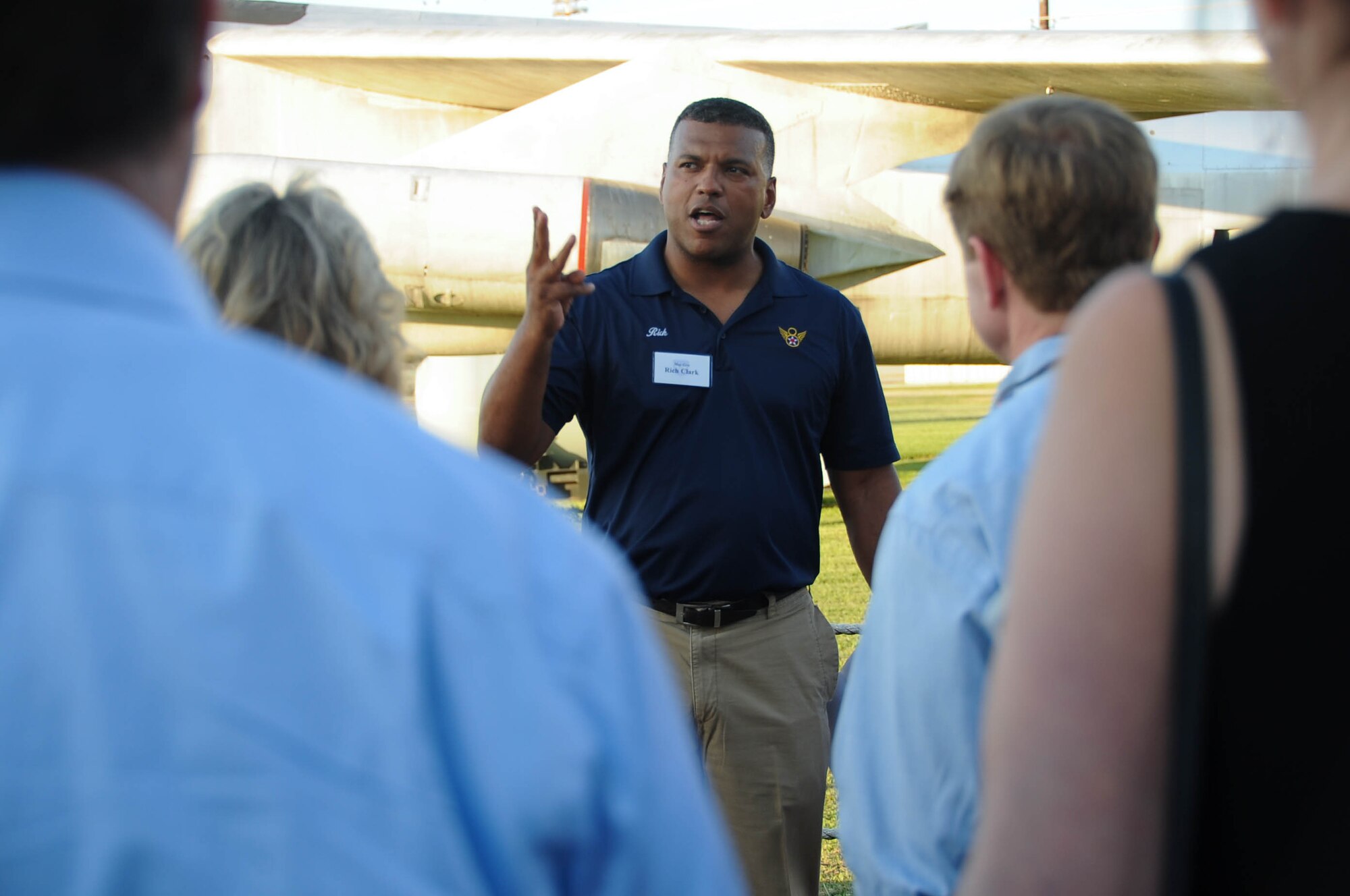 U.S. Air Force Maj. Gen. Richard M. Clark, Eighth Air Force commander, greets approximately 90 local community leaders during an event at the Global Airpower Museum, Sept. 8. Guests viewed various exhibits and took an outdoor guided tour of static aircraft displays. (U.S. Air Force photo by A1C Stuart Bright)