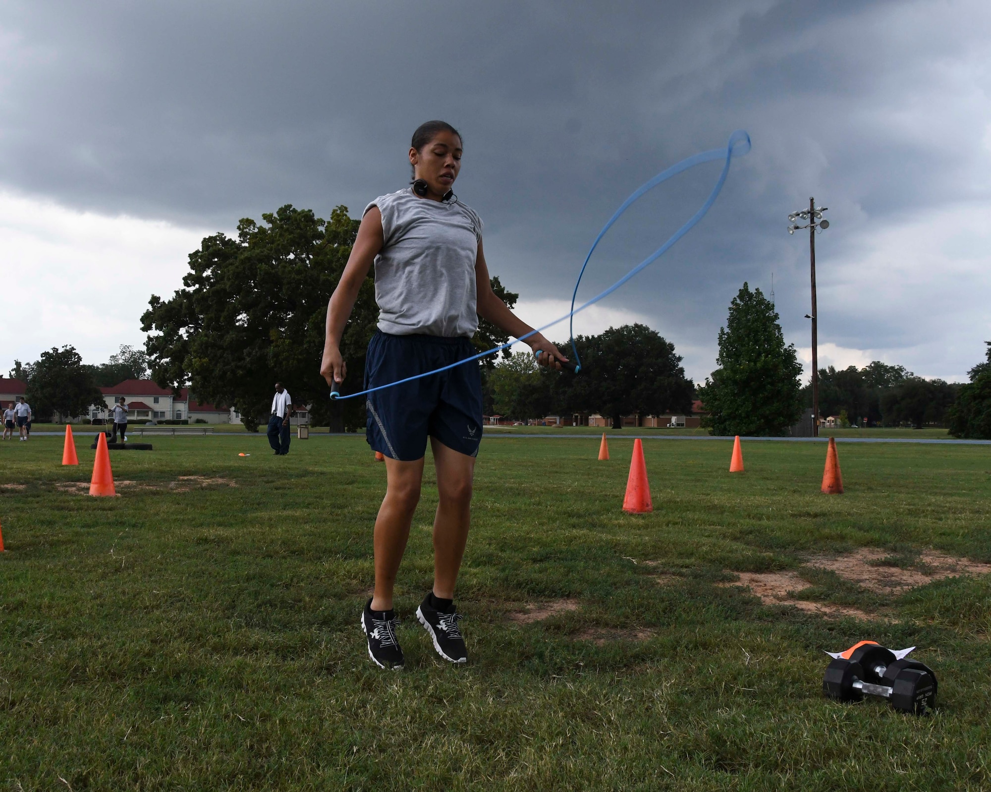 U.S. Air Force Senior Airman Destiny J. Bellamy, assigned to the 307th Force Support Squadron (FSS), works through the jump rope portion of the Fit to Fight Challenge on Sept. 11, 2016, at Barksdale Air Force Base, La.  The 307th FSS designed the challenge to encourage competition and boost morale within the 307th Bomb Wing.  (U.S. Air Force photo by Senior Airman Callie Ware/ Released)