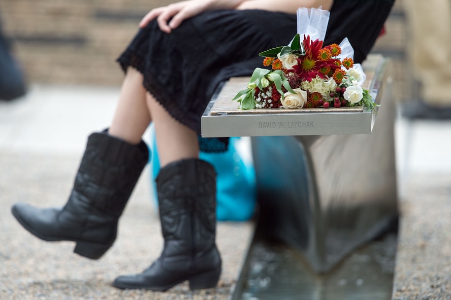 A bouquet adorns on a bench at the National 9/11 Pentagon Memorial.