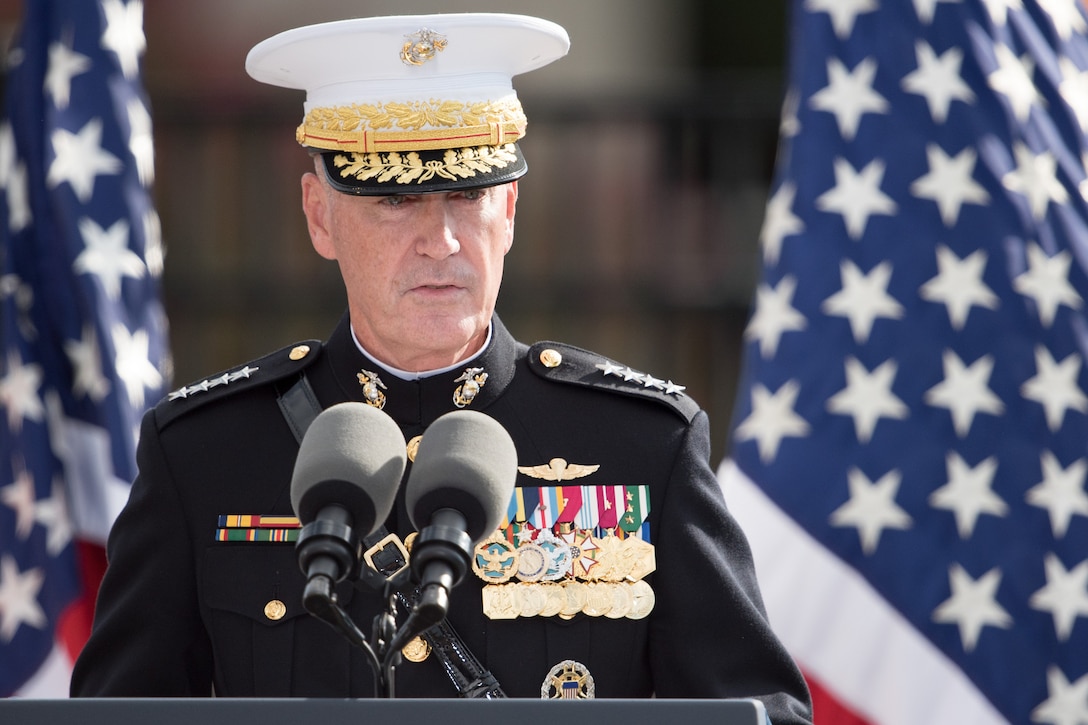 Marine Corps Gen. Joe Dunford, chairman of the Joint Chiefs of Staff, speaks during a remembrance ceremony at the Pentagon Memorial, Sept. 11, 2016. DoD photo by Navy Petty Officer 2nd Class Dominique A. Pineiro