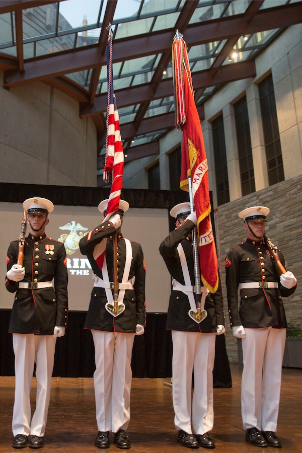 The Marine Corps Color Guard carries the official Battle Colors of the Marine Corps during the Community Leaders Reception at the Country Music Hall of Fame and Museum in Nashville, Tenn., Sept. 6, 2016. The reception is held to increase access to diverse community leaders, support Recruiting Station Nashville's recruiting mission and generate excitement for Marine Week, preceding the start of the event Sept. 7, 2016. Marine Week, an annual event held in a different city each year, is a celebration of Community, Country and Corps that allows the public to learn about the Corps through hands-on static displays, live demonstrations, time-honored Marine Corps traditions, musical performances and more. Barry is the 7th mayor of the Metropolitan Government of Nashville and Davidson County. Bailey is the Deputy Commandant for Plans, Policies and Operations.