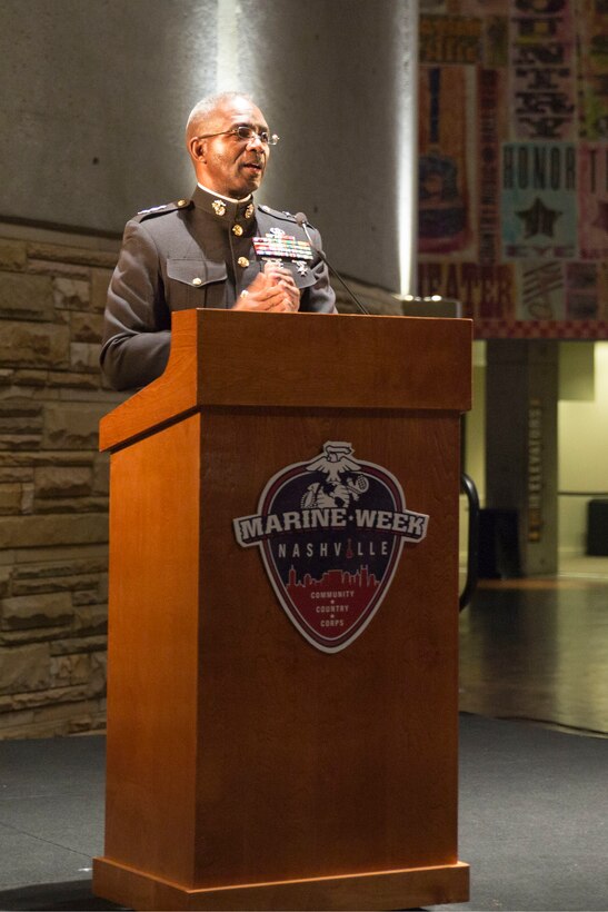 Lt. Gen. Ronald L. Bailey speaks to the importance of Marine recruiting efforts, the importance of Marine Week to the Corps and his gratitude toward Nashville's hospitality and support during the Community Leaders Reception at the Country Music Hall of Fame and Museum in Nashville, Tenn., Sept. 6, 2016. The reception is held to increase access to diverse community leaders, support Recruiting Station Nashville's recruiting mission and generate excitement for Marine Week, preceding the start of the event Sept. 7, 2016. Marine Week, an annual event held in a different city each year, is a celebration of Community, Country and Corps that allows the public to learn about the Corps through hands-on static displays, live demonstrations, time-honored Marine Corps traditions, musical performances and more. Bailey is the Deputy Commandant for Plans, Policies and Operations.