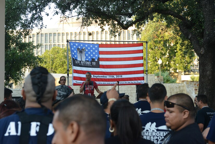 SAN ANTONIO – Dawn Solinski, San Antonio 110 event coordinator, kicks off the 9/11 Memorial Climb event with a motivational and emotional speech Sept 11, 2016. The San Antonio 110 committee was founded in 2013 by a group of firefighters. The memorial climb, held at the Tower of the Americas in the city’s downtown, is to pay tribute to the 343 firefighters who lost their lives on September 11, 2001. (Photo by Army Reserve Staff Sgt. Nina J. Ramon, 205 Press Camp Headquarters)