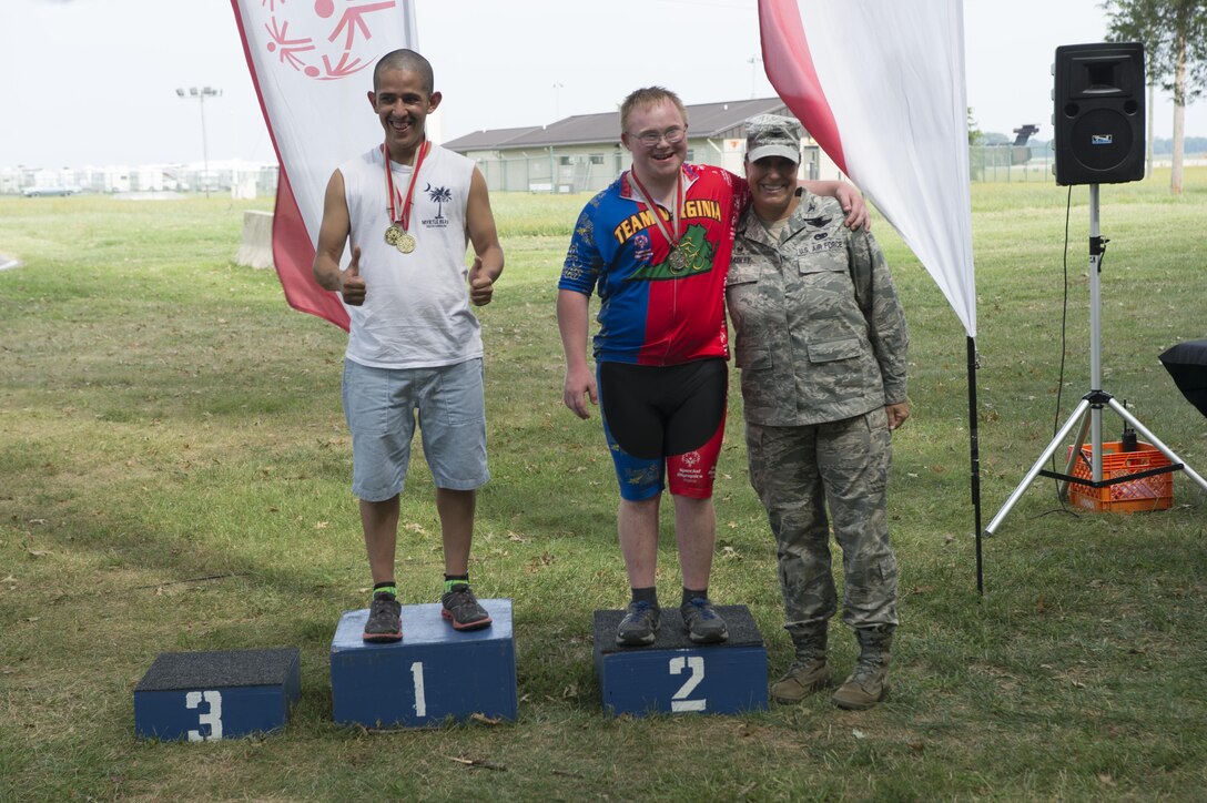 More than 70 athletes competed in the Special Olympics Delaware Cycling Classic, Sept. 10, 2016, at the Dover Air Force Base Air Command Museum, Del. Approximately 150 members of the 512th Airlift Wing and 436th Airlift Wing volunteered during the annual event as athletes competed in 500 meter, 1k,5k, 10k, 15k and 20k bicycle races. (U.S. Air Force Photo/ Tech. Sgt. Nathan Rivard)
