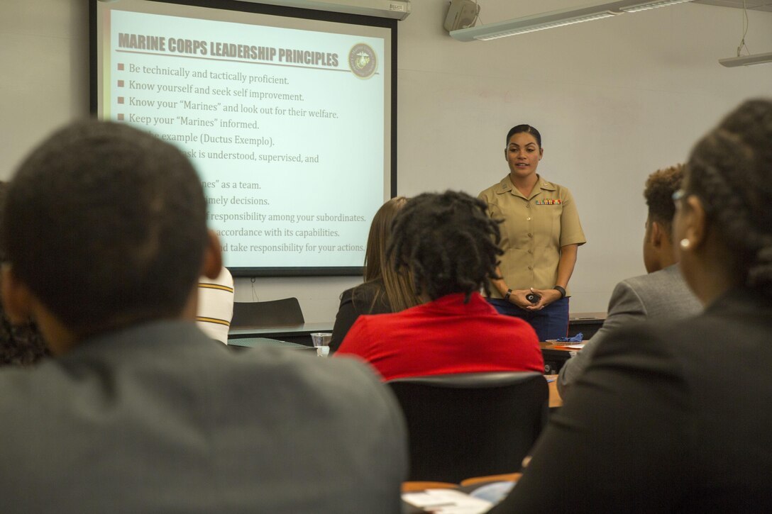 Evita Mosqueda-Chapman discusses the Marine Corps leadership traits and principles during a Leadership Seminar at the Tennessee State University campus in Nashville during Marine Week Nashville, Sept. 7, 2016. The seminar provides the Marine Corps with the opportunity to communicate a message of leadership and integrity and the opportunities the Marine Corps provides to a diverse population of students. Marine Week provides the opportunity for Marines to commemorate the unwavering support of the American people, and share their story of the Marines to a city that doesn't have opportunities to interact with Marines on a regular basis. Mosqueda-Chapman is a Logistics Officer with 4th Tank Battalion.