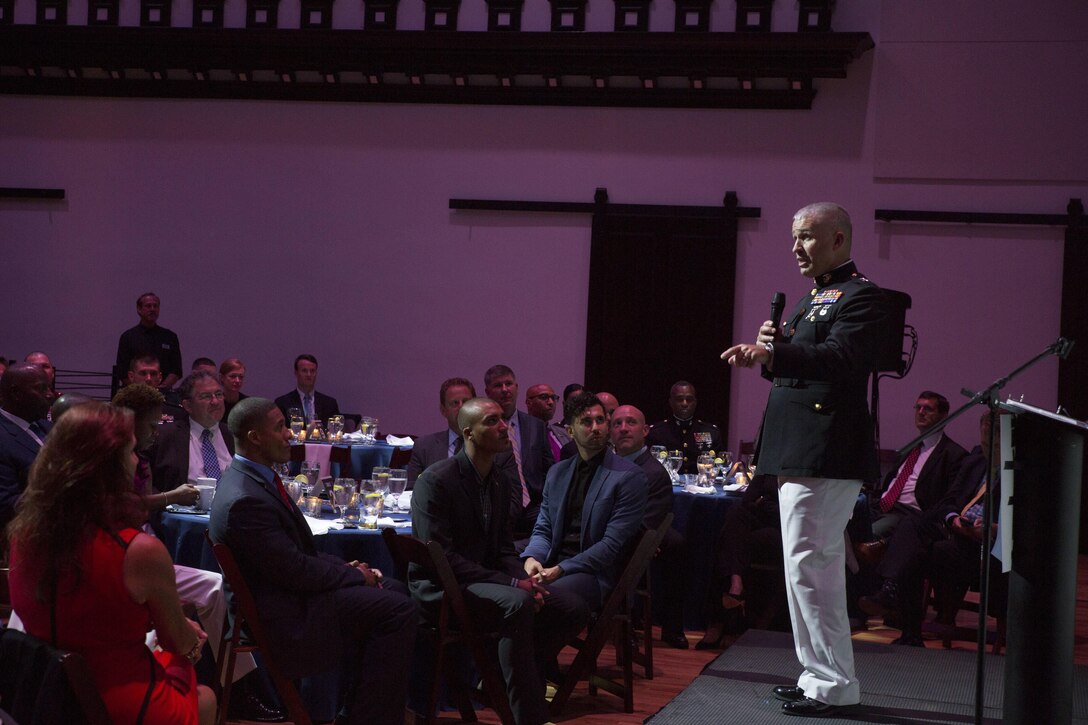 Major General Paul Kennedy announces a new Marine Corps Recruiting Command initiative called the Semper Fidelis All-American Program during the Marine Corps Recruiting Command Kick-Off Banquet at The Bell Tower in Nashville, Tenn., Sept. 9, 2016. The new program is an evolution of the previously executed Semper Fidelis Football Program, which will send one man and woman from each of the Marine Corps’ 48 Recruiting Stations to the Battles Won Academy in Washington D.C. where they will earn the title Semper Fidelis All-American, next summer. For more information on the Semper Fidelis All-American Program and its Battles Won Academy, please visit sfaap.marines.com. The banquet was a part of Marine Week, a celebration of Community, Country and Corps that allows the public to learn about the Corps through hands-on static displays, live demonstrations, time-honored Marine Corps traditions, musical performances and more. Kennedy currently serves as the Commanding General of Marine Corps Recruiting Command.